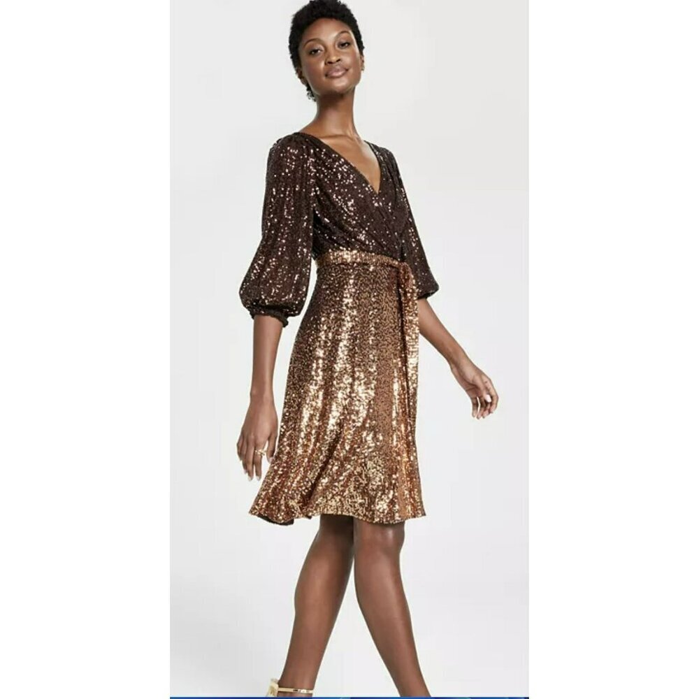 New DKNY Brown Ombre Sequin Dress Tie Belt Size 4 NEW